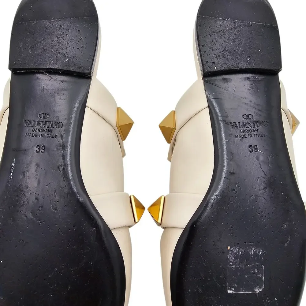 Valentino Garavani Roman Stud Flat Cage Mule Slide White Leather Gold Size 39 9